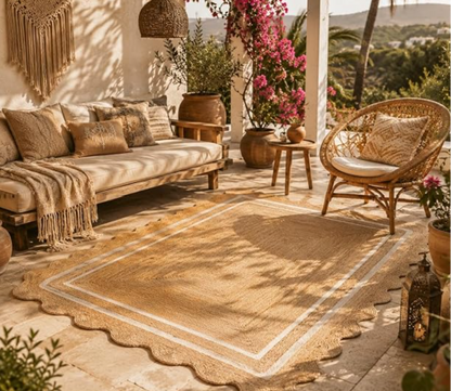 Handmade Jute Rug for Living Room, Natural Beige Area Rug, Rectangular Jute Carpet with Scalloped Edge Design, Handcrafted Floor Rug for Bedroom, Home Decor & Office (2.6x8 ft)